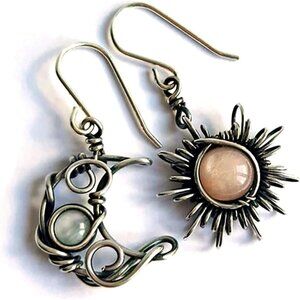 Boho Opal Sun and Moon Drop Dangle Earrings Moonstone Natural Stone Hook Bohemia